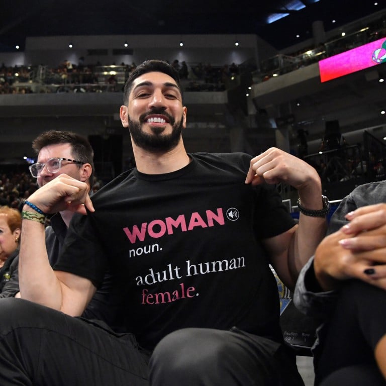 Former NBA player Enes Kanter Freedom wore a black T-shirt reading “Woman: noun, adult human female” at a WNBA game between the Chicago Sky and Indiana Fever on August 23. Photo: Imagn Images