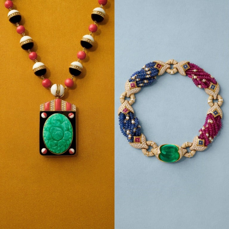 Two necklaces showcasing Bulgari’s colour compositions at the exhibition “Bvlgari Kaleidos: Colors, Cultures and Crafts” in Shanghai. Photos: Handout