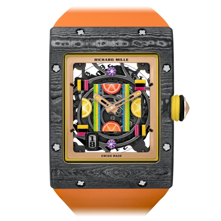 A close-up view of the RM 16-01 ‘Citron’, featuring sweets as decorations on the dial, which is part of the limited edition ‘Fruit’ line from Richard Mille’s Bonbon Collection.