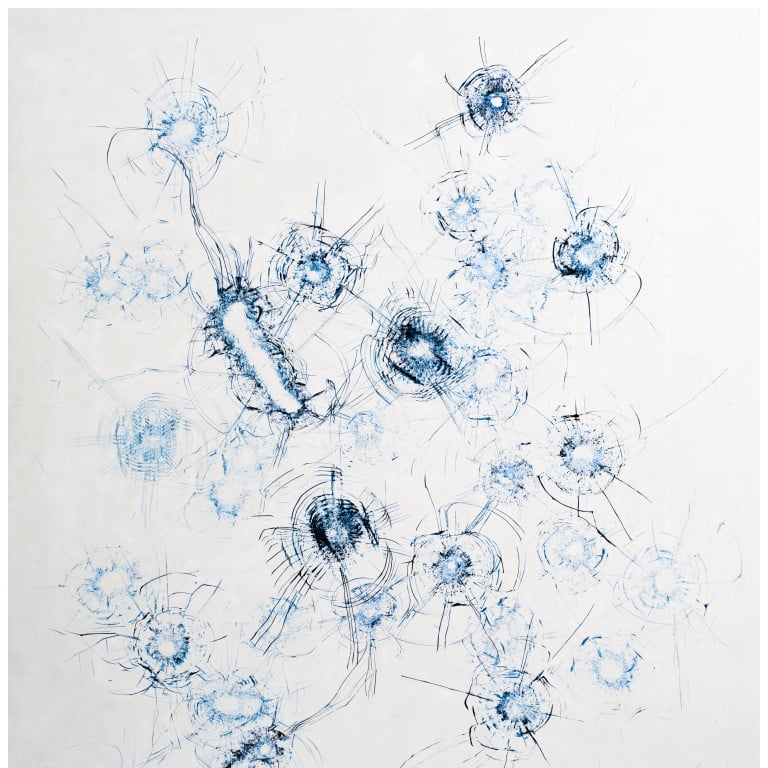 Zhao Zhao, ‘Constellations’, oil on canvas, 2018. Zhao’s experiments with gunshots and glass are a stand-out, considering that China makes very few exceptions to the outlawing of gun ownership. Photo: Tang Contemporary