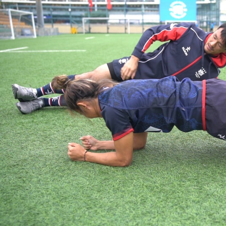 Hong Kong’s Salom Yiu Kam-shing and Chong Ka-yan prepare for this weekend’s Hong Kong Rugby Sevens tournament.
