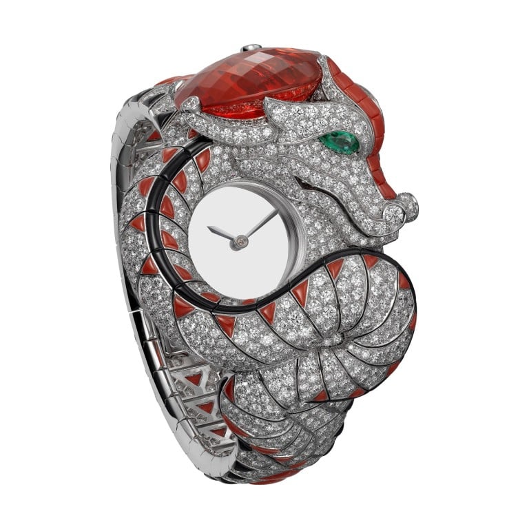 Cartier Dragon Mystérieux watch showcases the bejewelled beast coiled around the bracelet and dial.