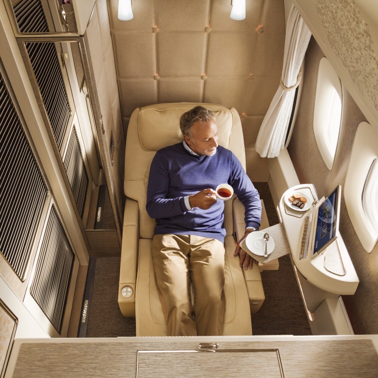 Emirates’ fully enclosed first-class private suite features ‘virtual windows’ powered by real-time fibre-optic camera technology.