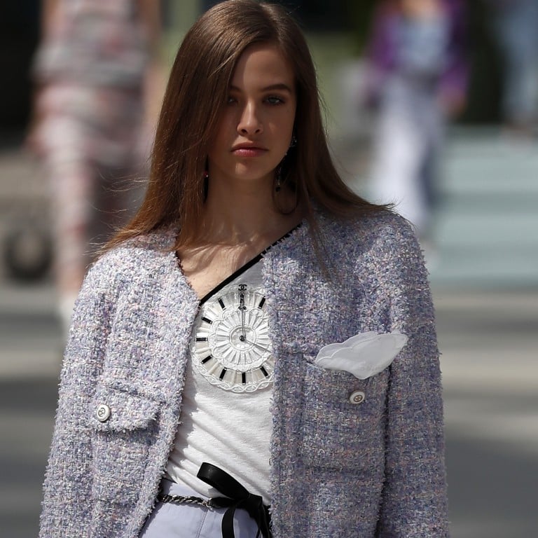 A model presents creations from French fashion designer Virginie Viard’s 2020 Chanel cruise collection, which featured a railway theme, such as the mechanism of station clocks popping up on dresses, at the Grand Palais in Paris, last Friday. Photo: EPA-EFE
