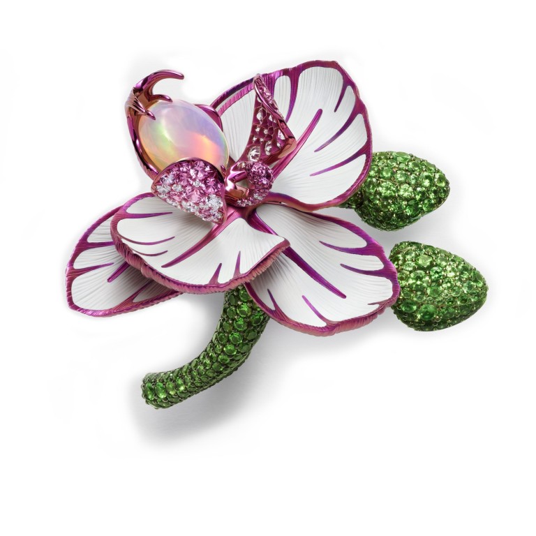 Chopard’s Red Carpet collection floral ring in titanium, a space-age alloy prized for its strength, light weight and colour treatment properties.