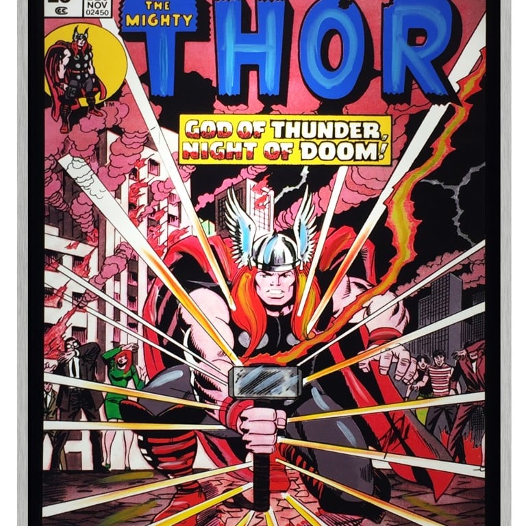 A close-up of the comic book cover, ‘The Mighty Thor’, by Stan Lee, the late American comic book artist – part of a set of 12 paintings on canvas by the artist – will be among artworks previewed and auctioned by Holly’s International in Hong Kong from May 25 to 27.