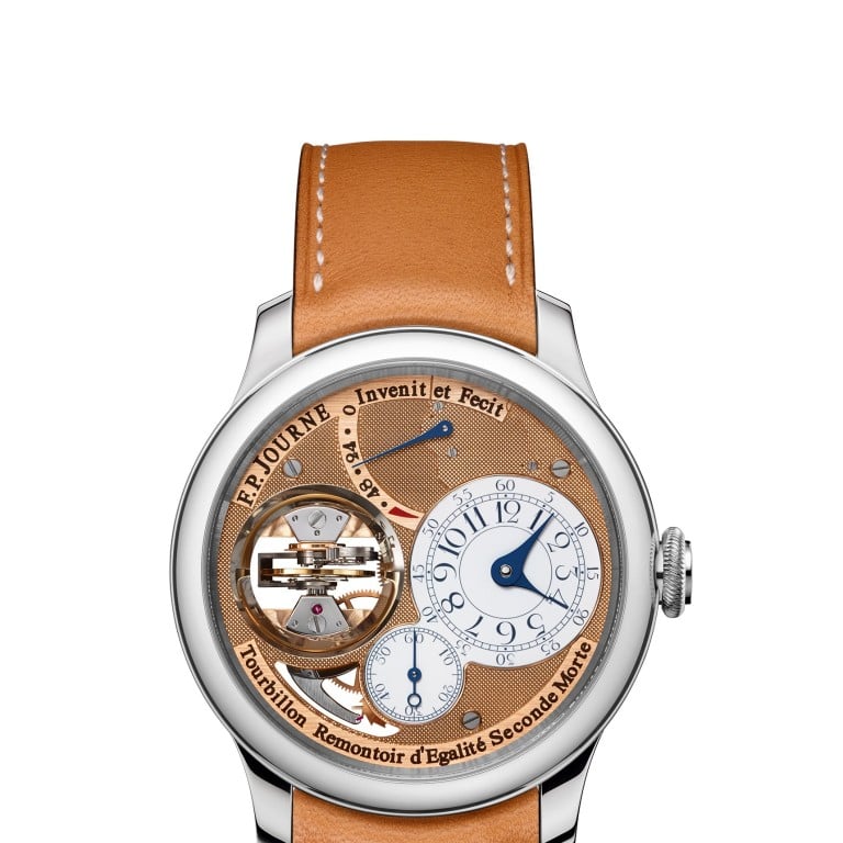 Swiss high-end watchmaker F.P. Journe’s Tourbillon Souverain Vertical timepiece, which was released to celebrate the luxury brand’s 20th anniversary.