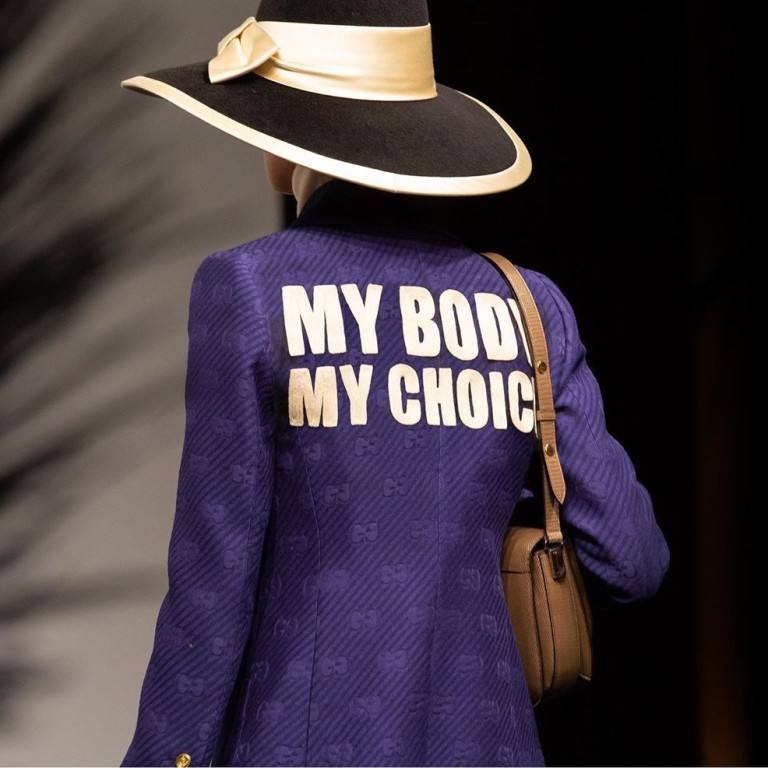 A runway model wears a purple jacket with the abortion rights message, ‘My Body, My Choice’, on the back, during Gucci creative director Alessandro Michele’s Rome Cruise collection show. Photo: Instagram/Gucci