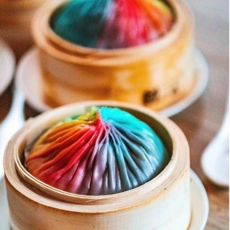 The mega-sized rainbow version comes served in a bamboo basket at Din Tai Fung Australia. Photo: Instagram / Din Tai Fung Australia