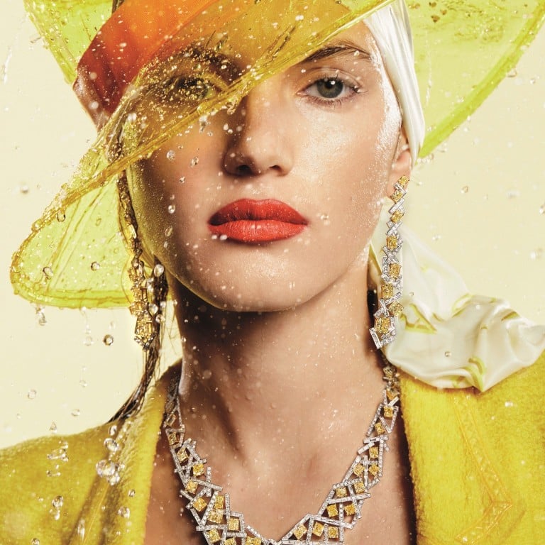 From the Threads Collection, Graff’s yellow and white diamond necklace, total 73.70 carats; yellow and white diamond earrings, total 21.31 carats.