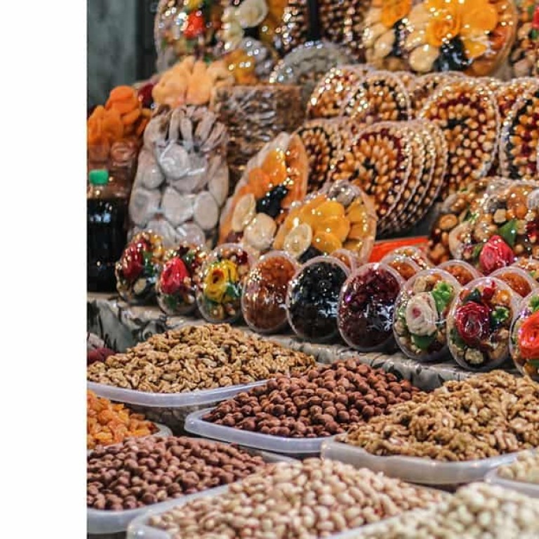 GUM Market, Armenia’s biggest fresh food market, is well known for its dried fruit, sujukh and basturma, slices of savoury air-dried beef. Photo: Shutterstock