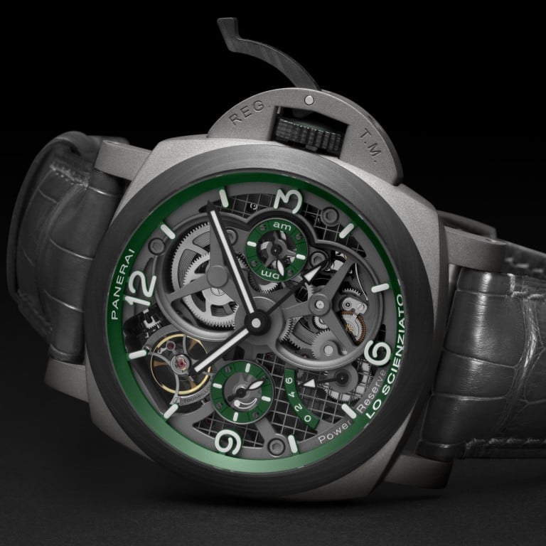 The luxury Italian watchmaker Panerai’s Luminor Tourbillon GMT Lo Scienzato, which features a hollow case created from layers of titanium. Photo: Panerai