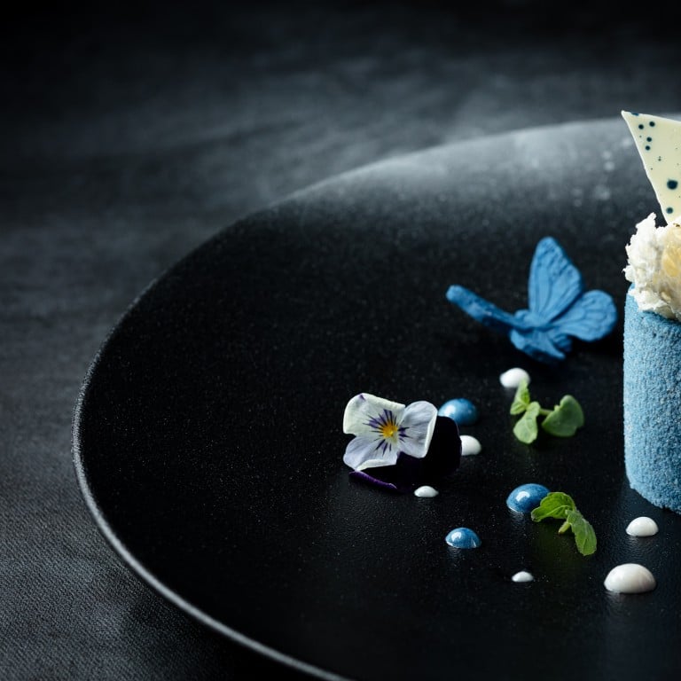 The Golden Peacock’s Prosperity comprises blueberry, hazelnut chocolate mousse, yogurt, cardamom, cherry and gold leaf.