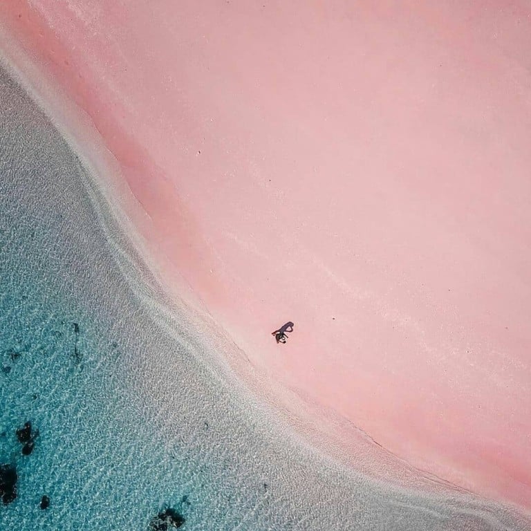 A bird’s-eye view of Pink Beach – created by specks of pink coral – in Komodo National Park, Indonesia. Photo: Instagram/@visitindonesiaid