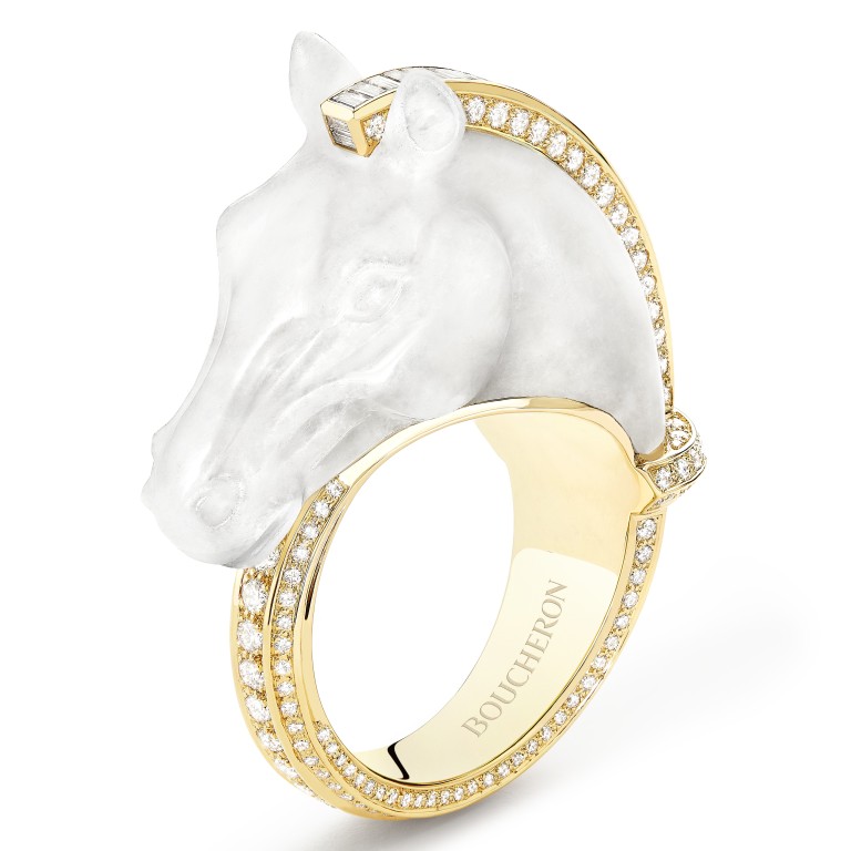 Boucheron’s Cheval de l’Opera ring, set with frozen quartz and baguette diamonds and paved with diamonds, in yellow gold, forms part of the luxury jeweller’s vu du 26 high jewellery collection.