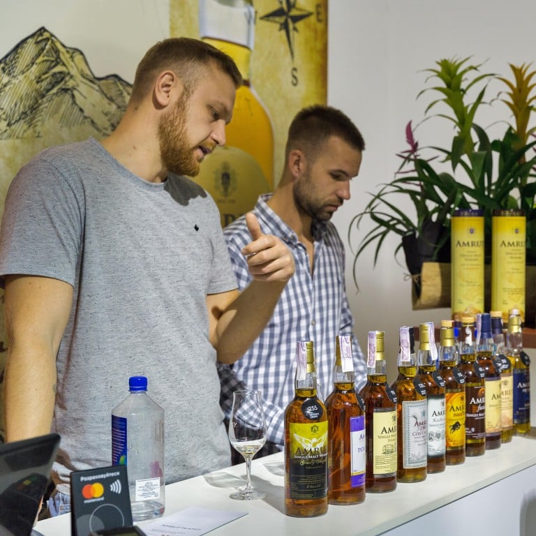 Amrut Indian Single Malt Whisky on display at the 4th Ukrainian Whisky Dram Festival in Kiev, Ukraine. Indian whisky exports have seen double-digit growth in the past few years, says global database IWSR.