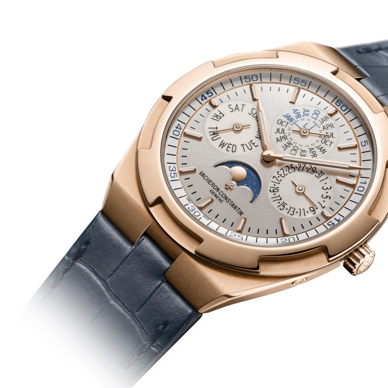 The dial of the Vacheron Constantin Overseas Perpetual Calendar Ultra-Thin features a moonphase, and hand-typed date, month and days of week for accuracy, HK$610,000