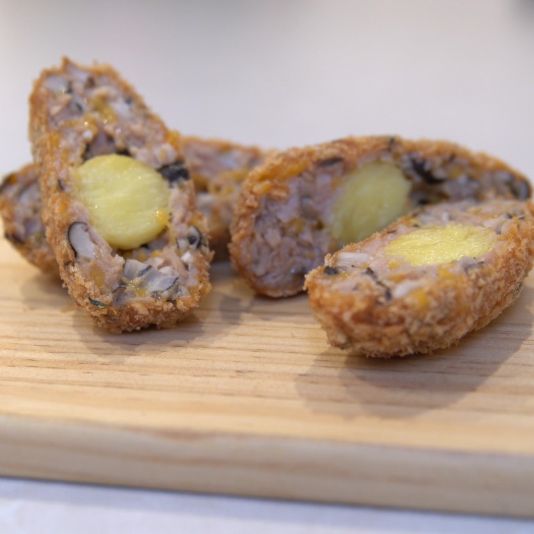 Vegan Scotch eggs – made using plant-based meat Omnipork and vegan cheese – created by Tom Burney executive chef of Hong Kong catering service Invisible Foods.