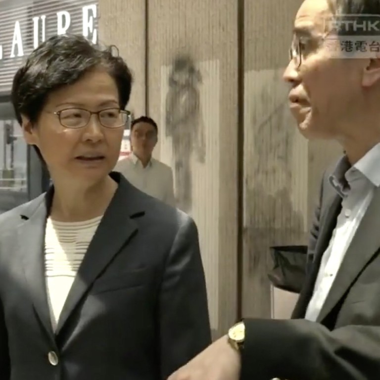 Hong Kong Chief Executive Carrie Lam visits Central MTR station a day after anti-government protesters vandalised it. Photo: RTHK