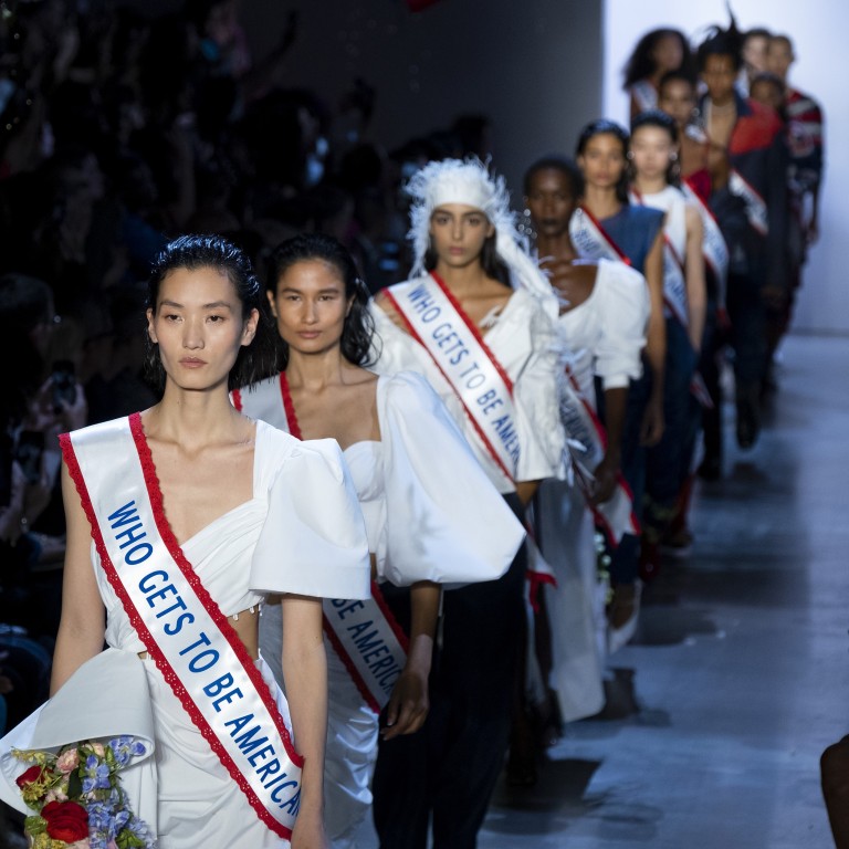 ‘Who Gets to Be American?’ asks designer Prabal Gurung in the catwalk finale of his spring 2020 collection show at New York Fashion Week on Sunday. Photos: AP