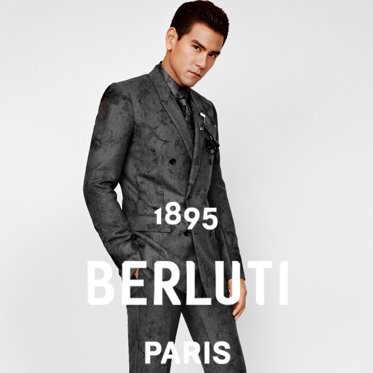 Eddie Peng, the Taiwanese-Canadian actor, singer and model, here dressed in a formal grey wool marble suit with a matching silk shirt, is brand ambassador for menswear company Berluti’s new winter 2019 collection.