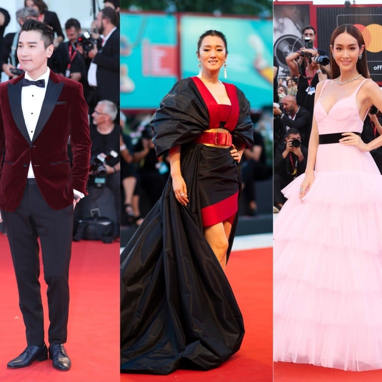 Asian film stars lit up the red carpet in stunning couture at The 76th Venice International Film Festival. From left to right: Mark Chao, Gong Li, Min Pechaya Wattanamontri and Joe Odagiri.