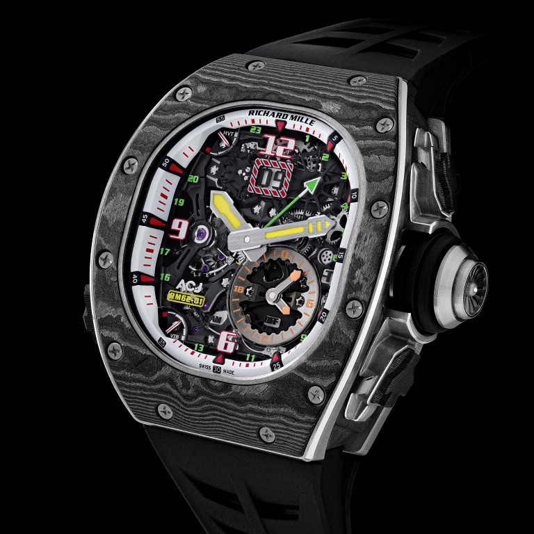 RM 62-01 Tourbillon Vibrating AJC is an alarm watch designed to give a silent signal by a vibration.