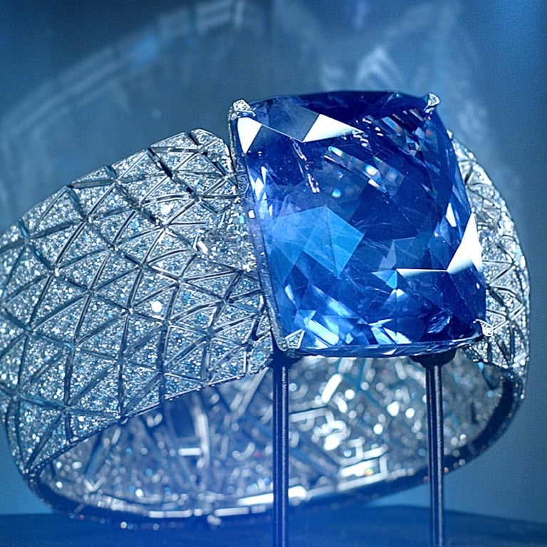 The Romanov bracelet is a historic piece transformed from a brooch once owned by Empress Maria Feodorovna. It is set with a 197.80-carat cushion-shaped, rose-cut sapphire. The bracelet is on display at the Cartier shop in St. Petersburg.