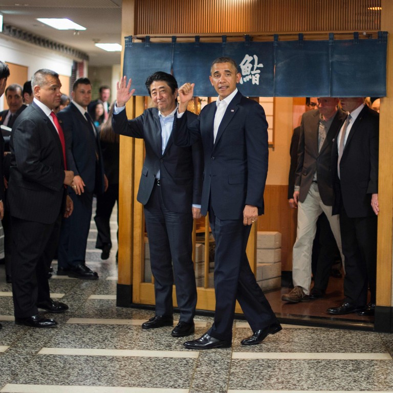Barack Obama and Japan’s Shinzo Abe after a private dinner at Sukiyabashi Jiro in Tokyo. Photo: Jim Watson/AFP