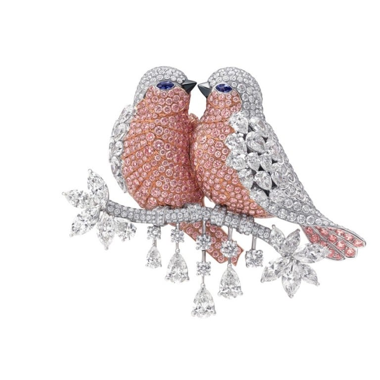 Graff’s pink and white diamond lovebird brooch is part of its range of animal-inspired designs. Photo: Graff