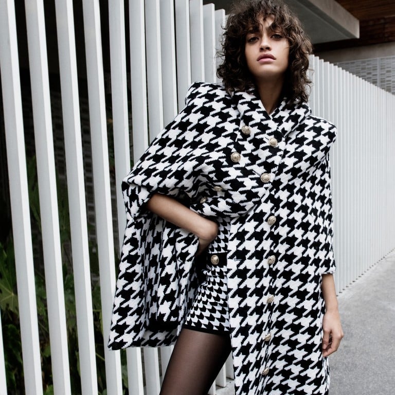 Balmain’s collaboration with Net-a-Porter features 16 styles of capes, crop tops, leggings and shoes in striking black and white that offer a modern take on classic French pied-de-poule. Photos: Net-a-Porter