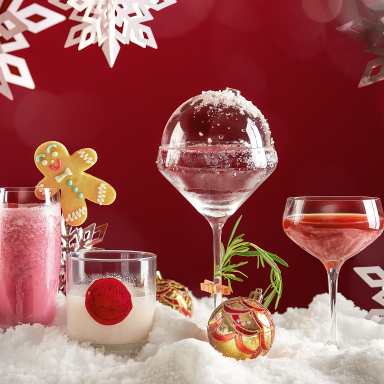 Christmas cocktails at the InterContinental Hong Kong are among the festive treats on offer this season. From left, ‘Victor’ the gingerbread man; sugar cane rush; the ornament; lobby lounge Christmas delight. Photo: Handout