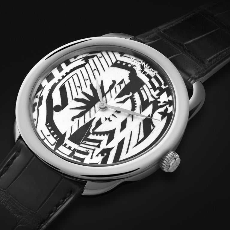 Hermès’ Astrologie Nouvelle silk scarf has found a splendid reinterpretation on the dial of the latest Arceau watch from the maison. Photo: Hermes