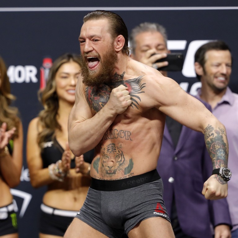 Conor McGregor poses during the ceremonial weigh-in event ahead of his fight  against Khabib Nurmagomedov in UFC 229 at T-Mobile Arena in Las Vegas on  Friday, Oct. 5, 2018. Chase Stevens Las