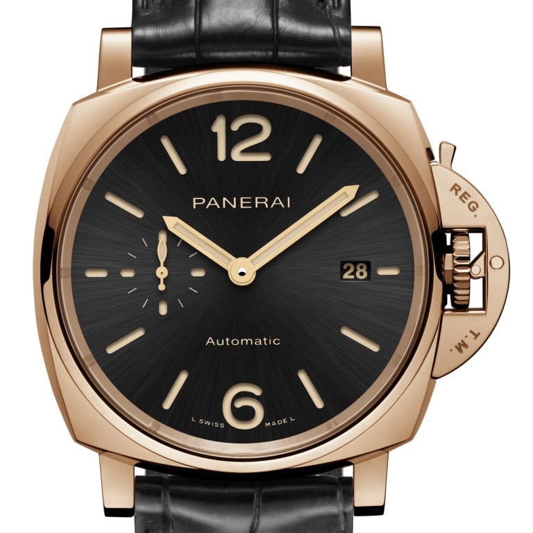 The Panerai Luminor Due Goldtech PAM01041 has a sandwich dial with cut-out numerals. Photo: Panerai