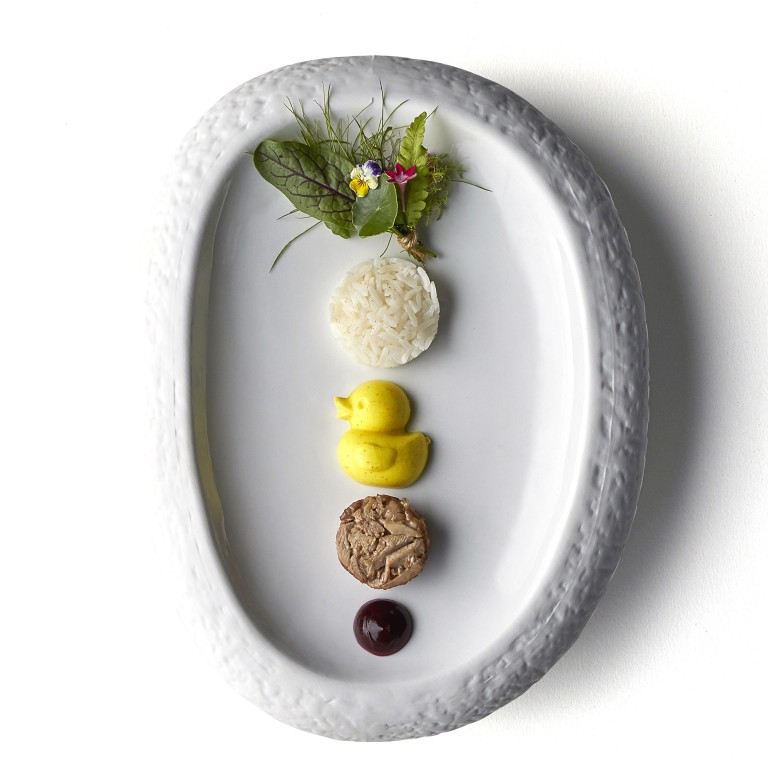 Disappearing Duck by Haoma in Bangkok – it features Madras curry ‘duck’ paired with a wing wrapped in lentils and mango dust, served with seven herbs from the restaurant’s urban farm. Photo: Haoma