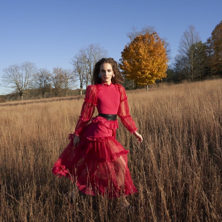 Alexander McQueen Orchard Pink Dress, HK$47,400 (US$6,100); belt HK$7,400; sandals HK$6,800; Sterling King earrings, price on request. Photo: Mark Squires