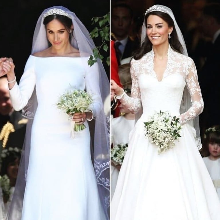 Meghan Markle (left) and Kate Middleton on their respective wedding days. Photo: Instagram @loveprinceharry1