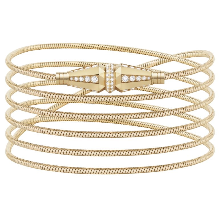 The bold Jack de Boucheron bracelet – with six wraps, half-paved with diamonds, in yellow gold – represents a retro-inspired shift in aesthetic sensibilities. Photo: Boucheron