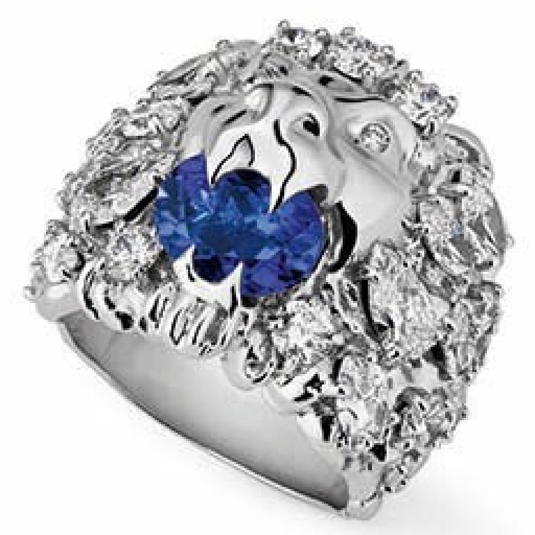 ‘Like a tattoo, a jewel reflects taste, personality and individuality. Unlike a tattoo, it can be changed on a daily basis’ – Gucci’s lion head ring in white gold with tanzanite and diamonds. Photo: Gucci