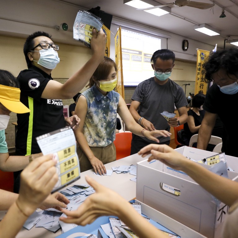 Volunteers count the ballots in Tsz Wan Shan after the poll closed at 9pm. Photo: Xiaomei Chen