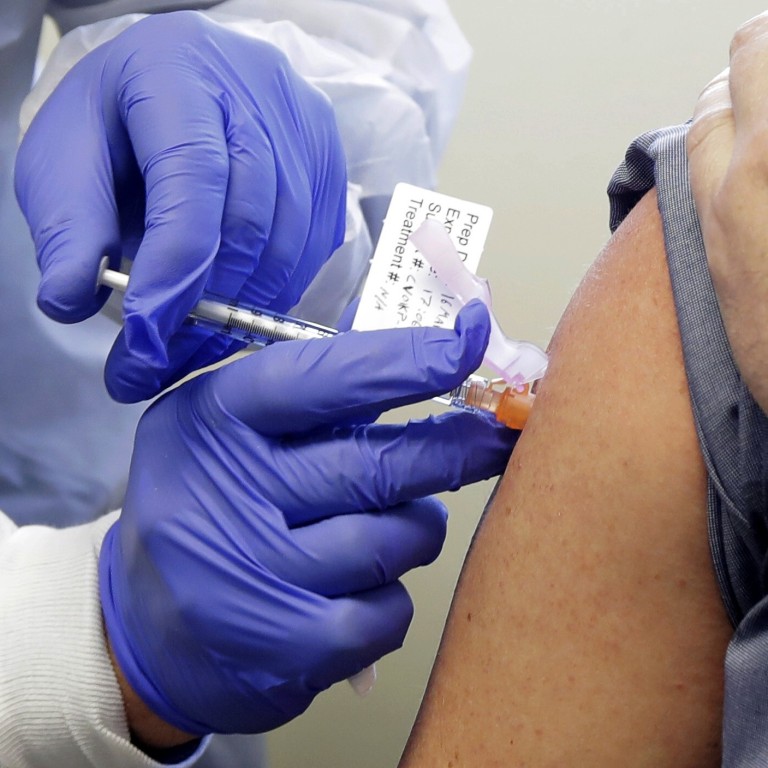 A subject receives a shot in the first-stage safety study clinical trial of Moderna’s potential vaccine in Seattle in March. Photo: AP