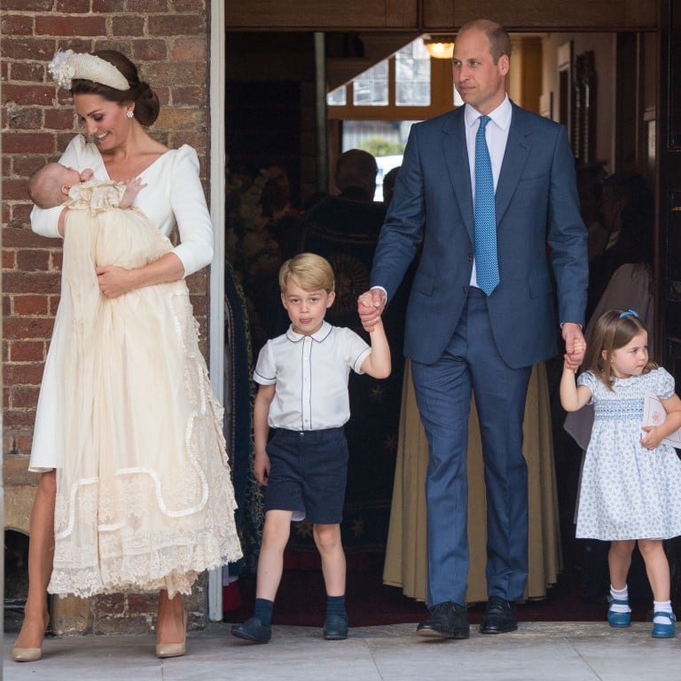 Catherine (left), the Duchess of Cambridge, holds Prince Louis as she and her family – husband Prince William (second right) and their children Prince George and Princess Charlotte – attend the christening of Prince Louis at St. James’s Palace in London. Photo: EPA-EFE