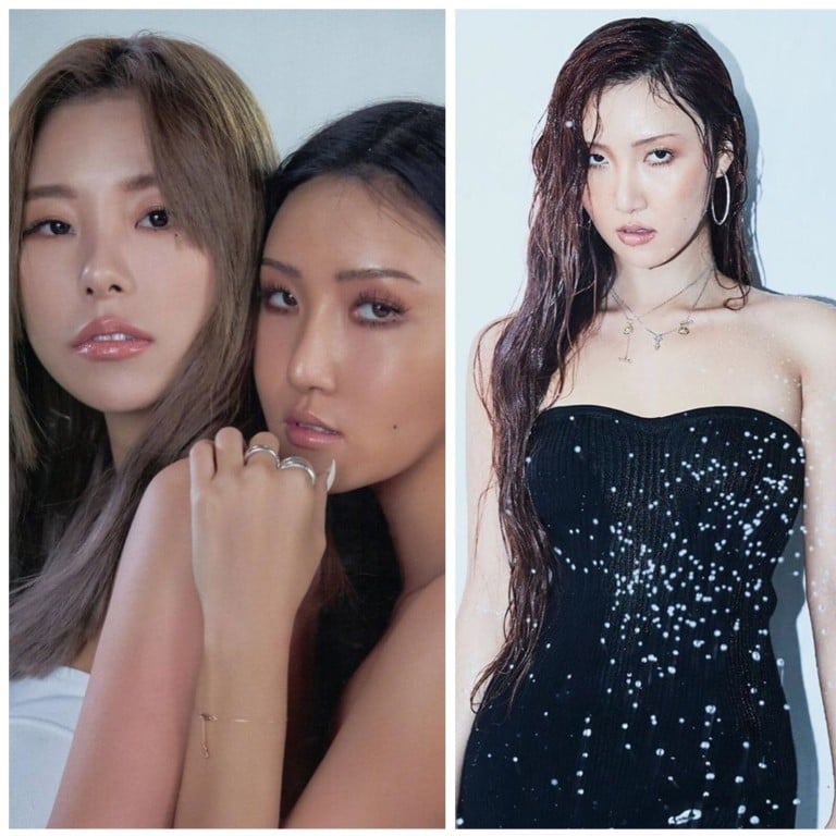 Hwasa with Wheein; looking sultry by herself (centre); and with Chungha. Photos: @queen.hwasa/Instagram