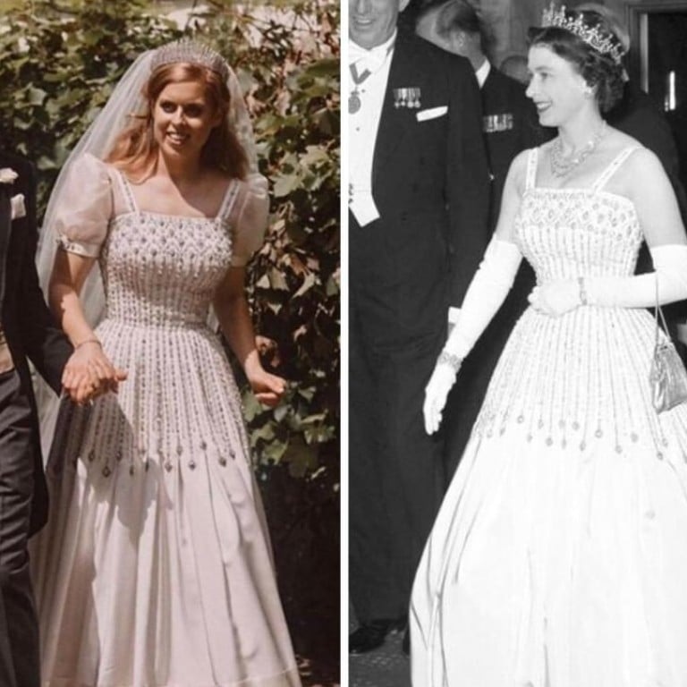Twice as nice: Princess Beatrice wearing her grandmother’s dress and tiara at her wedding. Photo: @allaboutfashionhistory/ Instagram