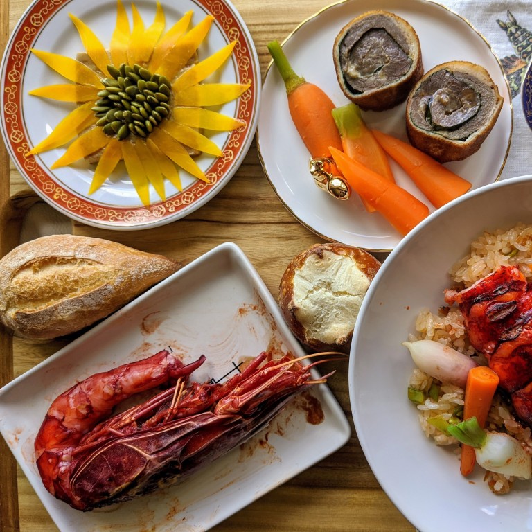 Petrus delivery menu. From top left: foie gras, beef roulade, cherry dessert, lobster rice and red prawn dishes. Photo: SCMP