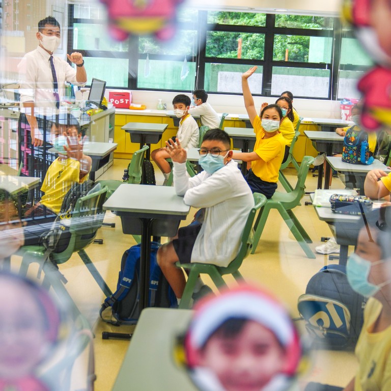 Students at SKH St James’ Primary School in Wan Chai mark their return to campus on Wednesday. Photo: Sam Tsang