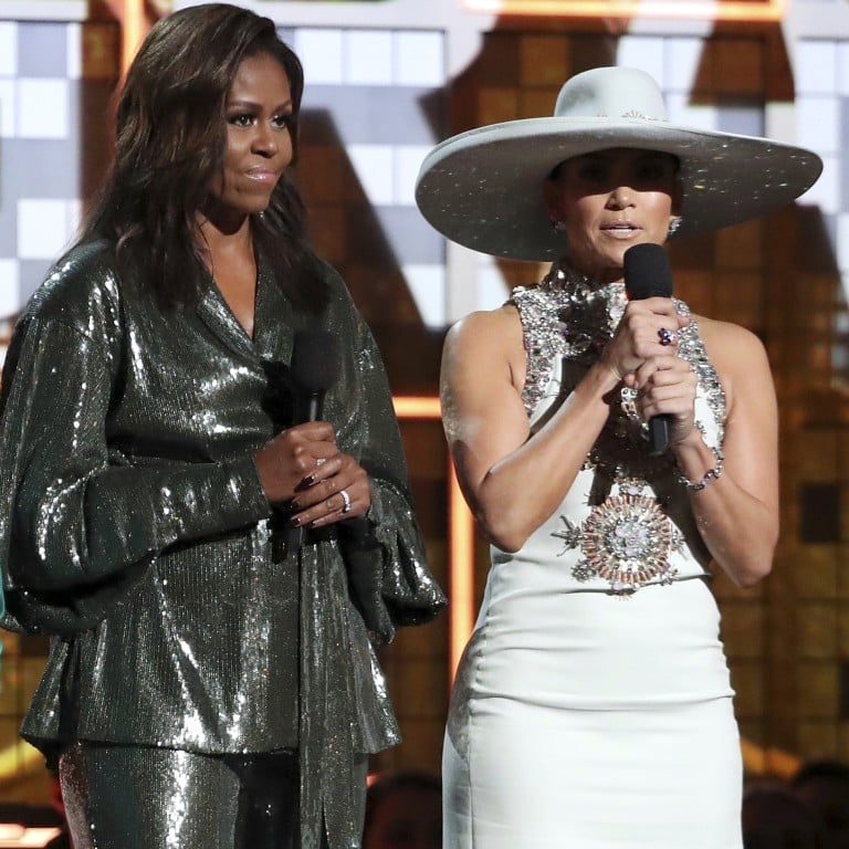 Michelle Obama in a sequinned pantsuit by Indian designers Sachin & Babi at the 2019 Grammy Awards. Photo: Invision/AP