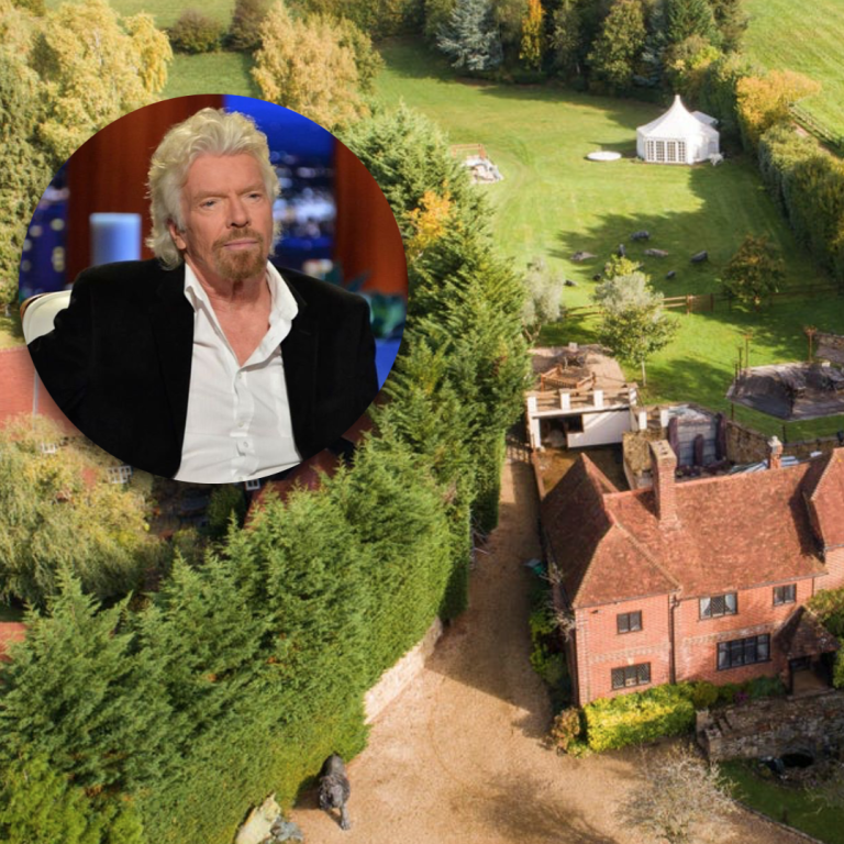 Richard Branson and Tanyards Farm, the English manor he grew up in which is now up for sale. Photo: United Kingdom Sotheby’s International Realty, @richardbranson/Instagram