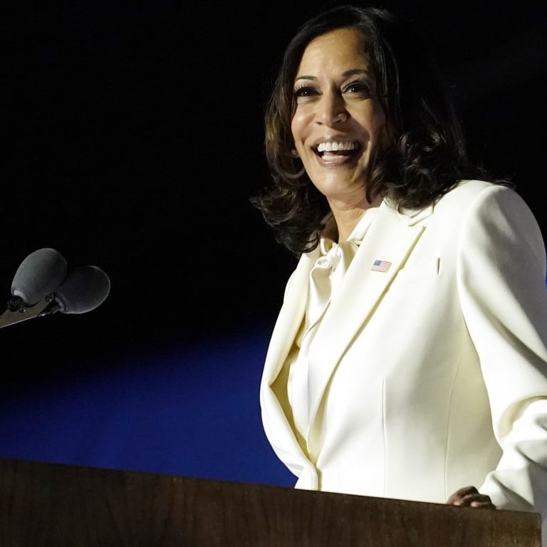 Vice-president-elect Kamala Harris stirs discussion with her fashion choices, including the white pantsuit she wore for her acceptance speech – and her beloved Converse Chuck Taylors. Photo: AP Photo/Andrew Harnik